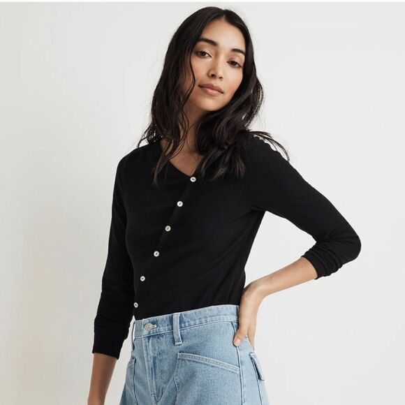 Madewell Soft Ribbed Cardigan Asymmetrical Button Front V-neck Black XS N… - Picture 4 of 15